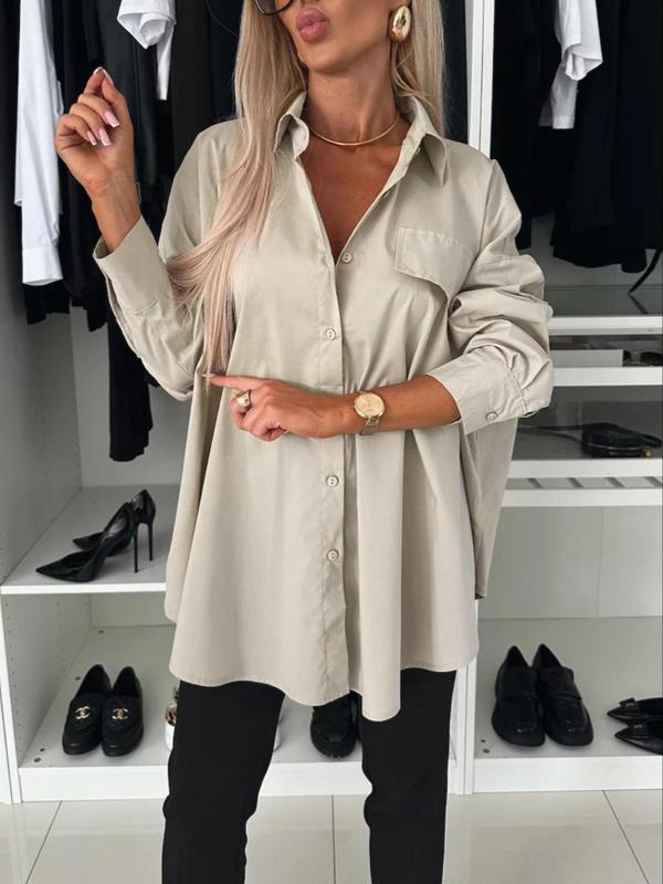 【Plus Size】 Solid Button Front Pocket Drop Shoulder Shirt, Casual Long Sleeve Collared Top for Spring & Fall, Women's Clothes for Daily Wear 3