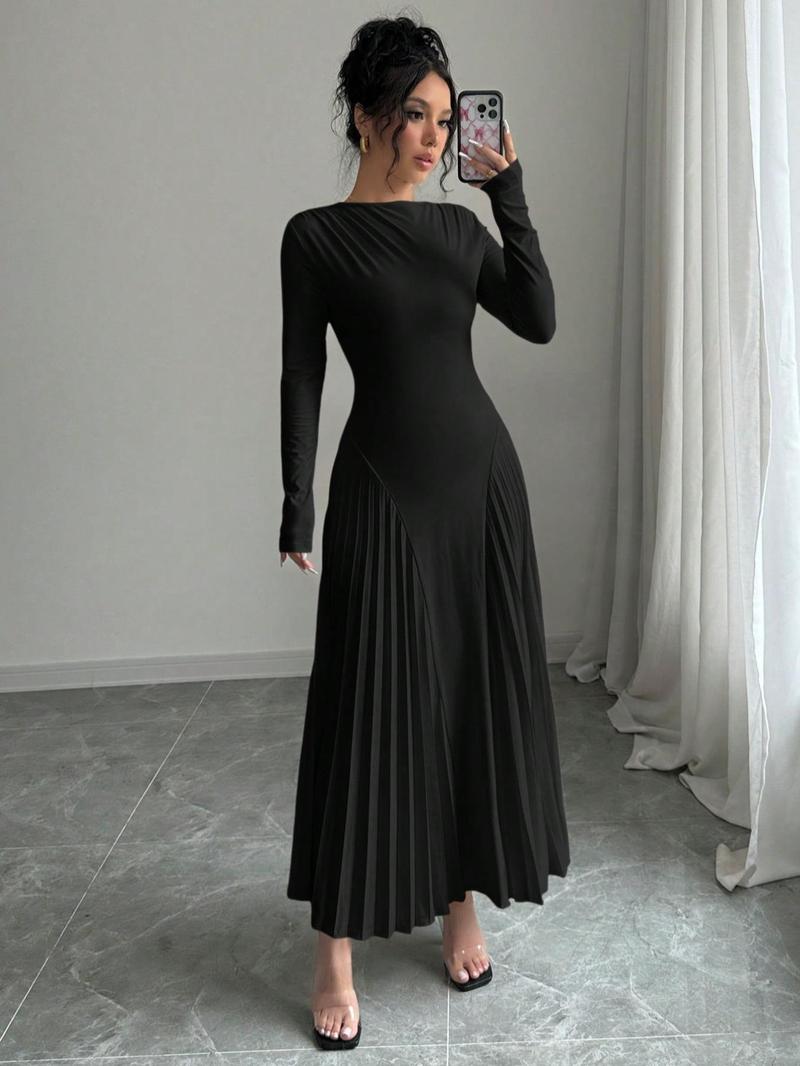 Product Introduction of Women's Solid Color Pleated Tight-fitting Dress, Elegant Long Sleeve Round Neck Dress for Party Holiday Wedding Guest, Ladies Spring & Fall Clothes 9