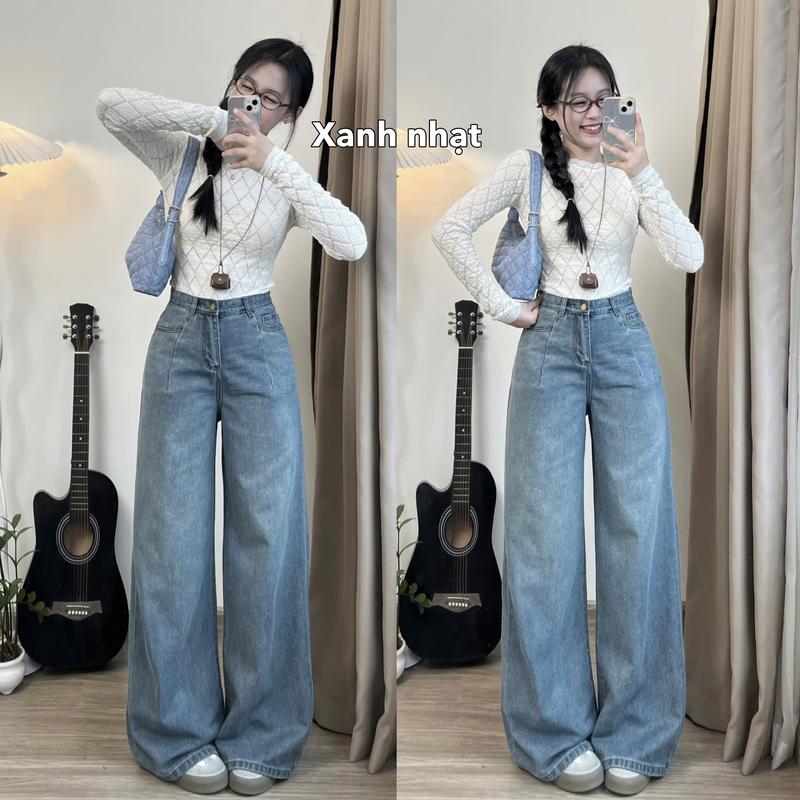 Quần jean suông ly trước ống ống rộng cạp cao dáng dài quàn dài quét đất 9