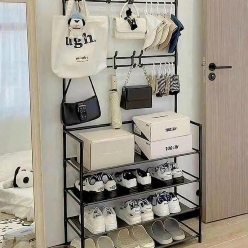 (Loại 1) Kệ để giày dép chữ L Loại Ống To, thiết kế treo đồ đa năng lắp ghép 4 tầng tặng kèm 8 móc treo, chất liệu thép chịu lực tốt Kitchen Lắp Ráp