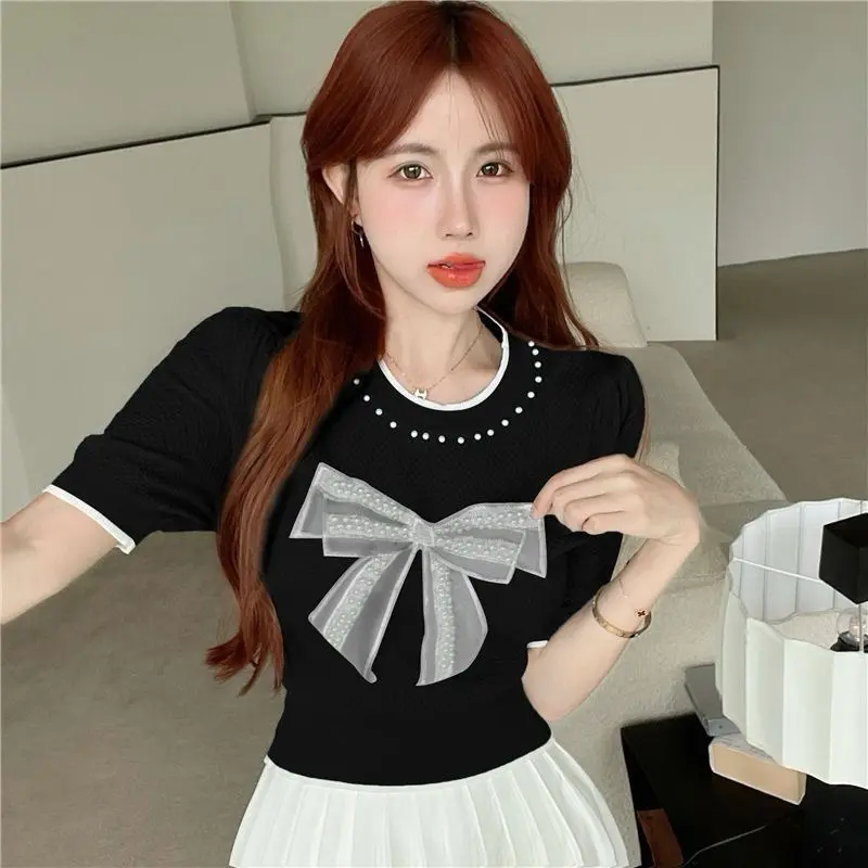 COD- Atasan Rajut Wanita / Atasan Wanita Mutiara Pita Lucu dan Elegan Mewah