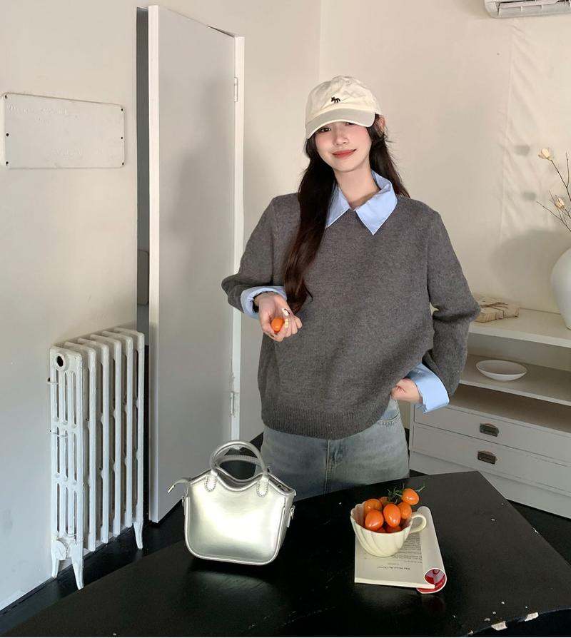 Product Introduction of Áo Len Giả Hai Mảnh, Cổ Áo Sơ Mi, Dành Cho Nữ, Màu Tương Phản, Ve Áo, Màu Xám, Áo Len, Ngọt Ngào, Dễ Thương, Gợi Cảm Top áo kiểu dáng ngắn Women 8