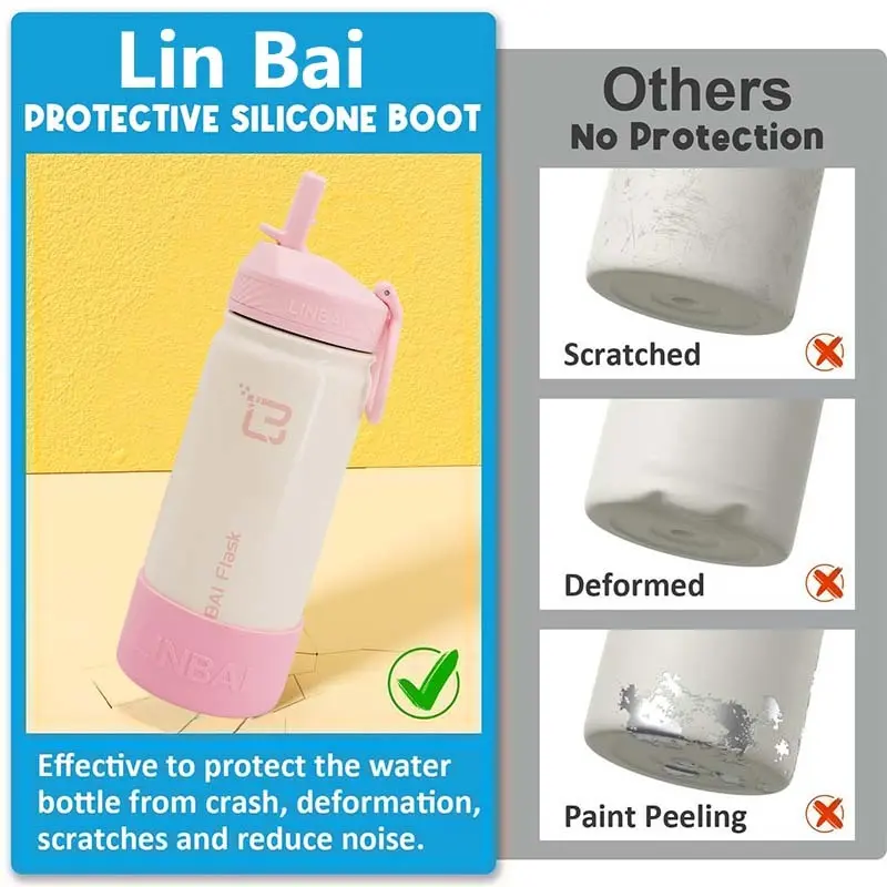 LINBAI Flask 16oz Kids Water Bottle with Straw Tumbler Hot and Cold Silicon Boot Flip Sip Coffee Cup 4