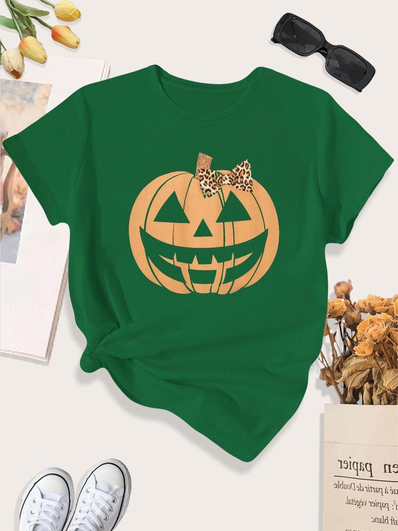 Product Introduction of Women's Bow Pumpkin Print Round Neck Graphic Tee, Fashion Casual Short Sleeve T-shirt for Daily Holiday Vacation Outdoor Wear, Ladies Clothes for All Seasons 1