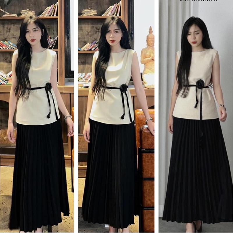 Set Áo PepLum Dáng Suông Phối Dây Thắt Eo Cột Hoa Mix Chân Váy Dập Ly Dáng Dài Xinh Xắn Thanh Lịch Dành Các Nàng Thơ Nữ Women