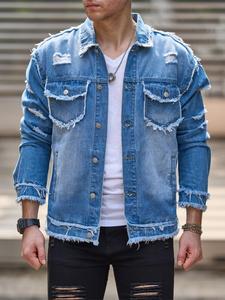 Men's Denim Jacket, Loose Casual Fashion Raw Hem Jacket for Daily Wear, Men's Clothing for All Seasons, Coats, Cotton
