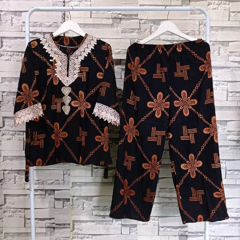 Setelan renda arabian resleting depan busui one set motif Bunga Celana Panjang Rayon 4