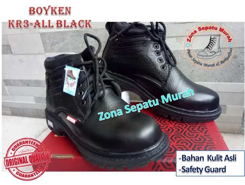 Sepatu Safety Boyken Ujung Besi KR03 All Black Best Quality for Worker Hitam Karet Shoes 0