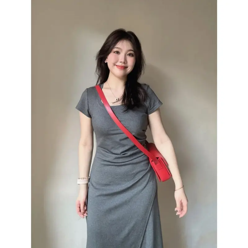 Váy ngắn Tay Màu Xám, Cổ Vuông, Thiết Kế Đẹp, Dành Cho Nữ, Váy Bodycon Xích Thắt Eo Xiacnee, Váy Dài Xẻ Tà, Thanh Lịch, Thời Trang, Năm 2025 3