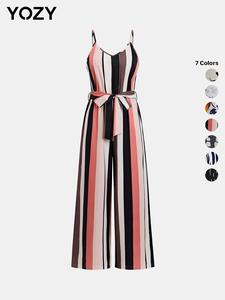 Y YOZY ozy Plants Print Belted Cami Jumpsuit, Casual Adjustable Strap Sleeveless Wide Leg Overalls, Women's Summer Outfits for Daily, Beach, Holiday, Vacation, Colorblock Cami Jumpsuit