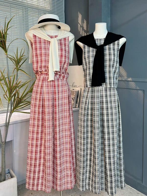 [Tặng khăn choàng cổ] Set Caro Nữ MIMIX Áo Kiểu Nữ Sát Nách Cổ Tròn Kèm Chân Váy Xếp Ly Dáng Dài Xòe ES3245