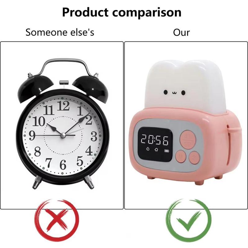 Product Introduction of Cute Cartoon Toast Design Alarm Clock, USB Reaching Desktop Night Light, Novelty Lighting for Home Bedroom Living Room 8