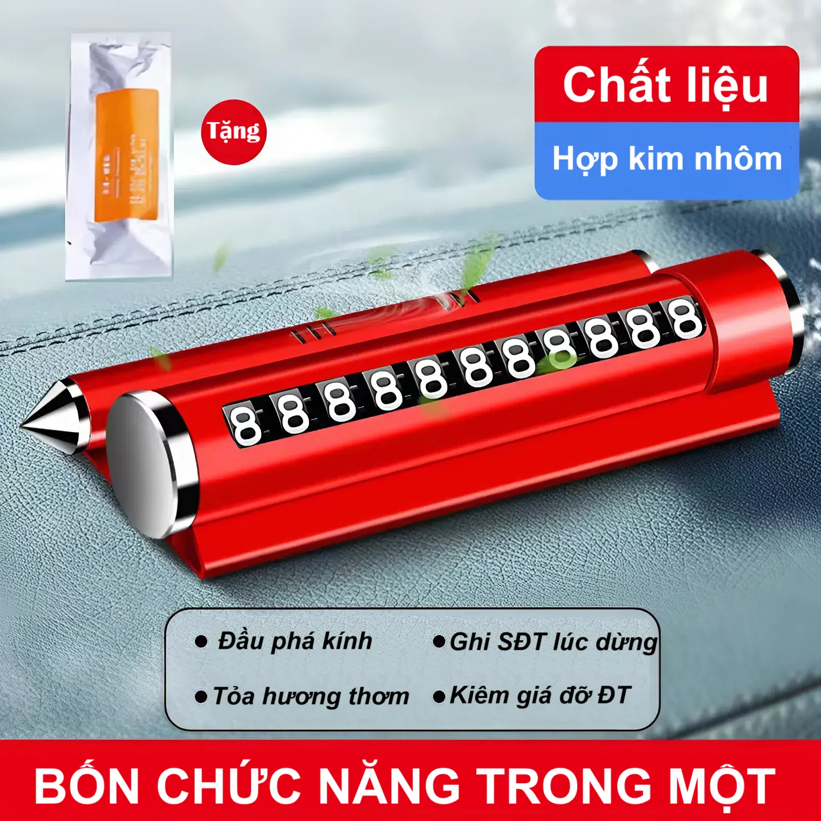 [HOT] Bảng số điện thoại trên ô tô 4 chức năng, bằng nhôm nguyên khối, kiêm đỡ điện thoại, búa an toàn phá kính, sáp thơm xe hơi, nội thất, trang trí