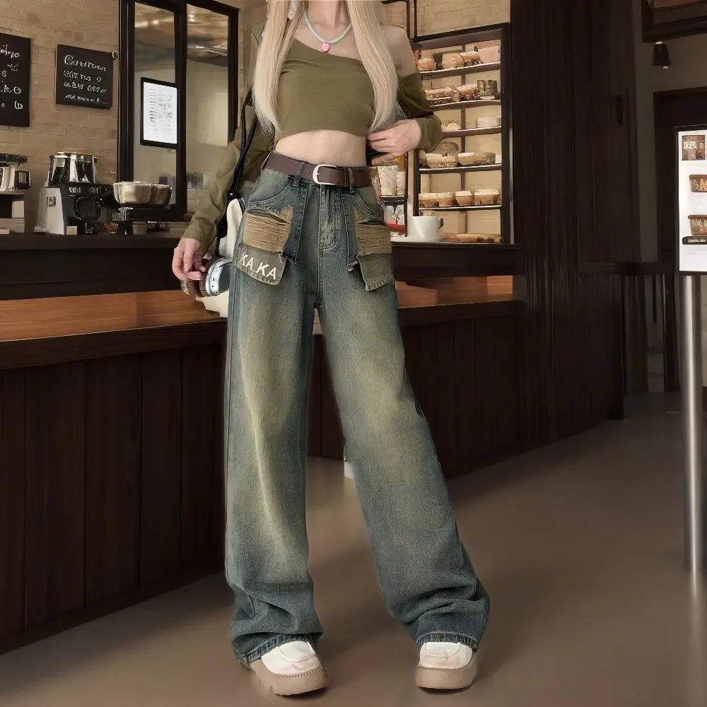 CH16 - Quần suông ống rộng thêu chữ KAKA mài đùi lưng cao co giãn Nữ có thể giặt máy office lady quần jean
