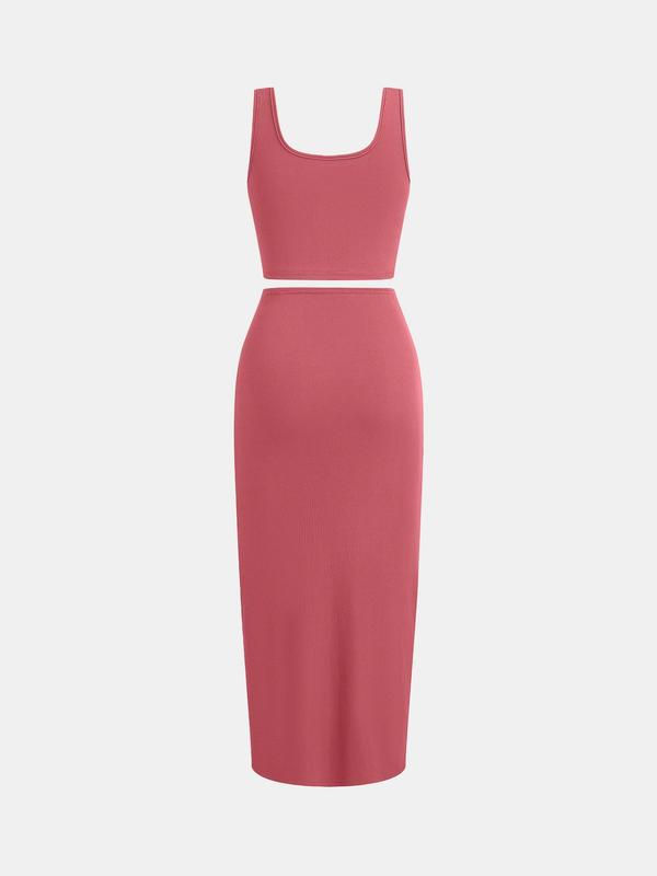 YOZY Solid Ribbed Crop Tank Top & Twist Split Skirt Set, Elegant Square Neck Sleeveless Top & High Waist Bodycon Skirt, 2024 Women's Summer Outfits for Party, Holiday, Vacation 7