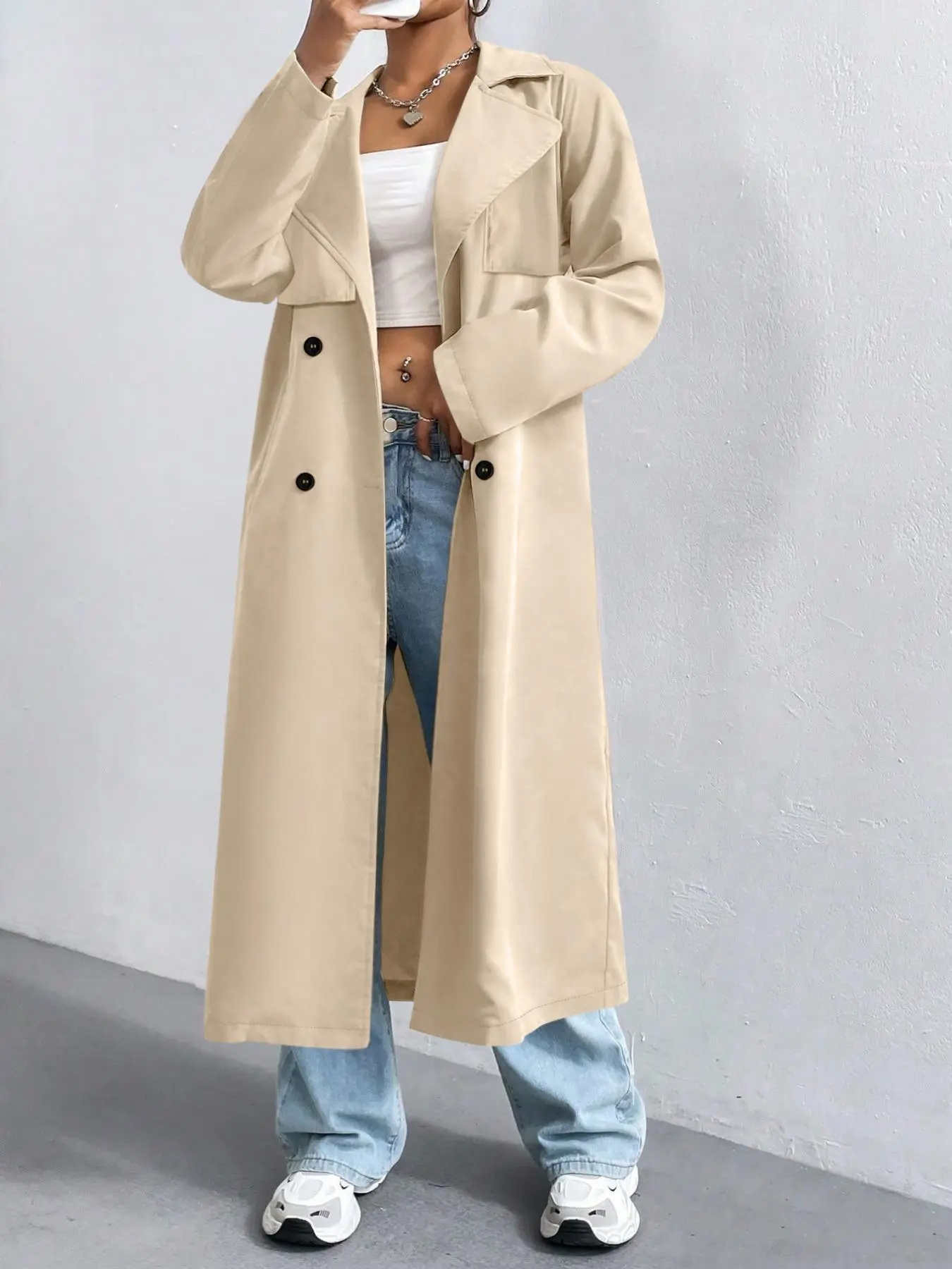 Women's Solid Button Front Belted Trench Coat, Casual Lapel Neck Long Sleeve Coat for Spring & Fall, Women's Clothing for Daily Wear