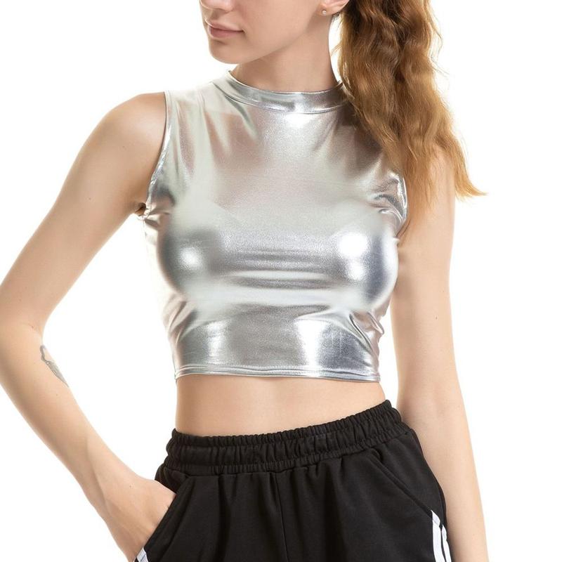 Áo Crop Top Giả Da, Dành Cho Nữ, Lấp Lánh, Phong Cách Wetlook, Cổ Lừa, Thích Hợp Cho Trang Phục Khiêu Vũ Và Trang Phục Câu Lạc Bộ, Áo Ba Lỗ Women 2
