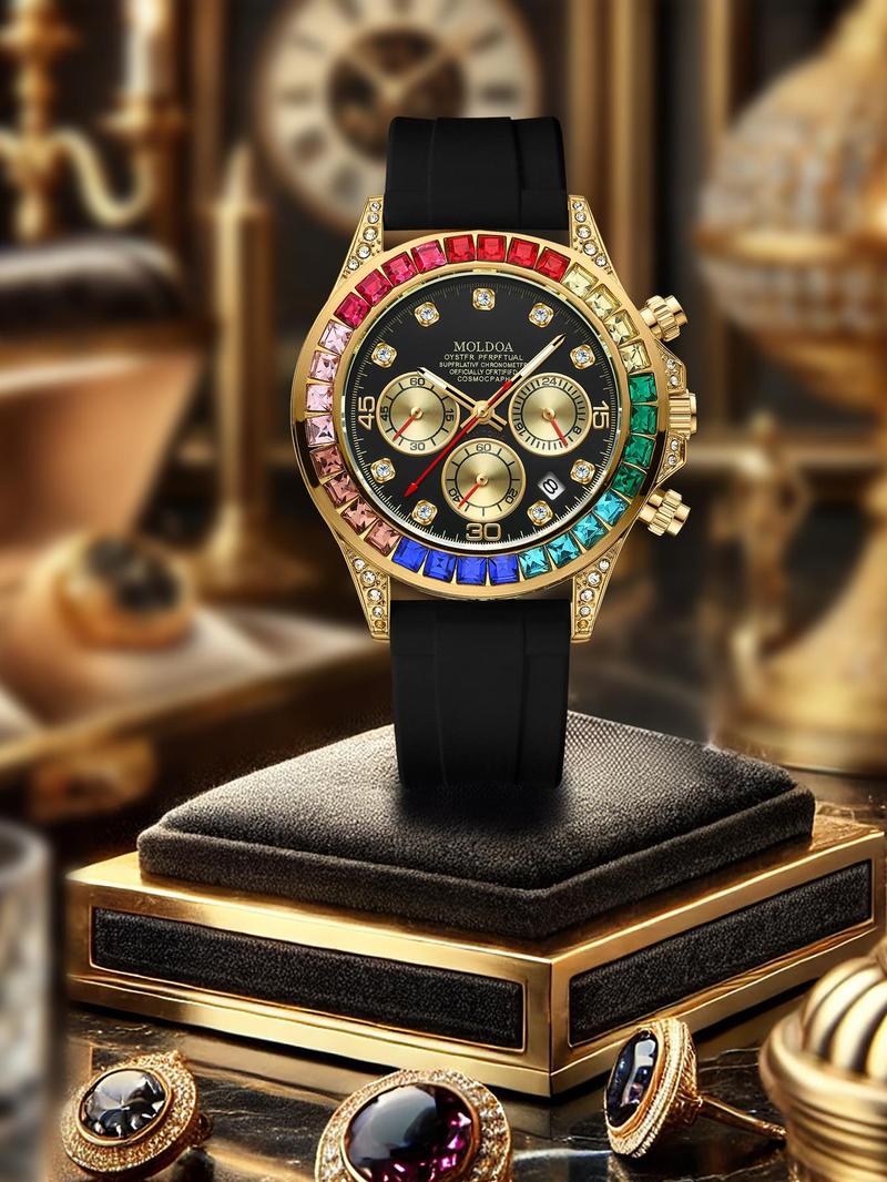 Product Introduction of Men's Business Fashion Rhinestone Decorated Analog Quartz Watch, Fashion Watch for Party, Daily Clothing Decor, Trendy All-match & Exquisite Watch Jewel for Birthday Gift with Box 4