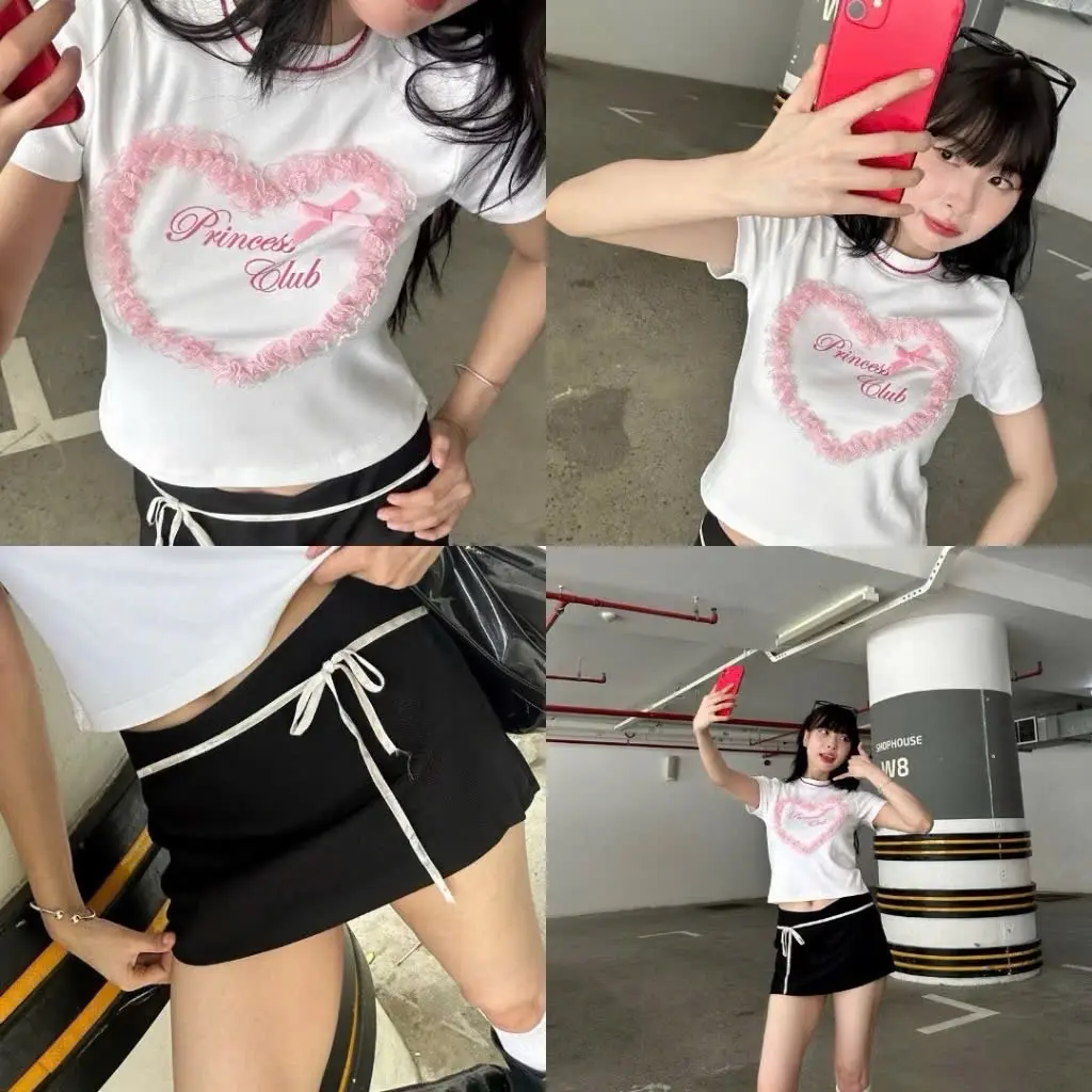 Áo thun ren trái tim đính nơ thun gân hàng đẹp freesize cho nữ Women Top Cổ Tròn cá tính trơn T-shirts