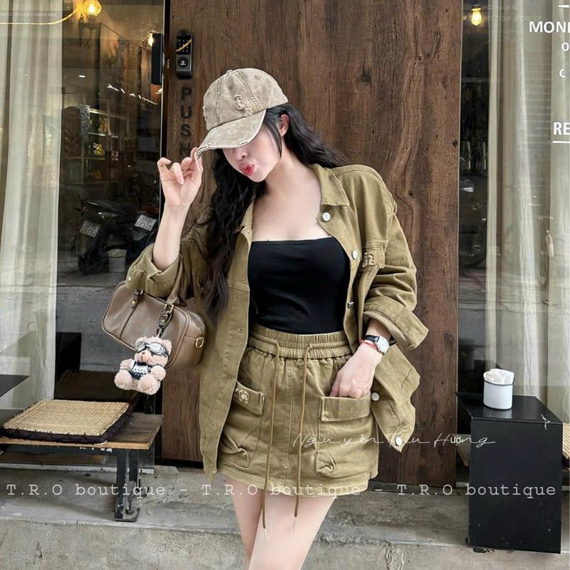 BIGSIZE HIẾU HIẾU 55-95KG - Set jeans diện phố năng động Áo sơ mi tay dài + Chân váy phối túi hộp dáng ngắn