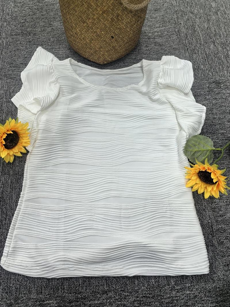 Product Introduction of Women's Plain Butterfly Sleeve Tee, Casual Cap Sleeve Round Neck Top for Summer, Women's Top for Daily Wear 3