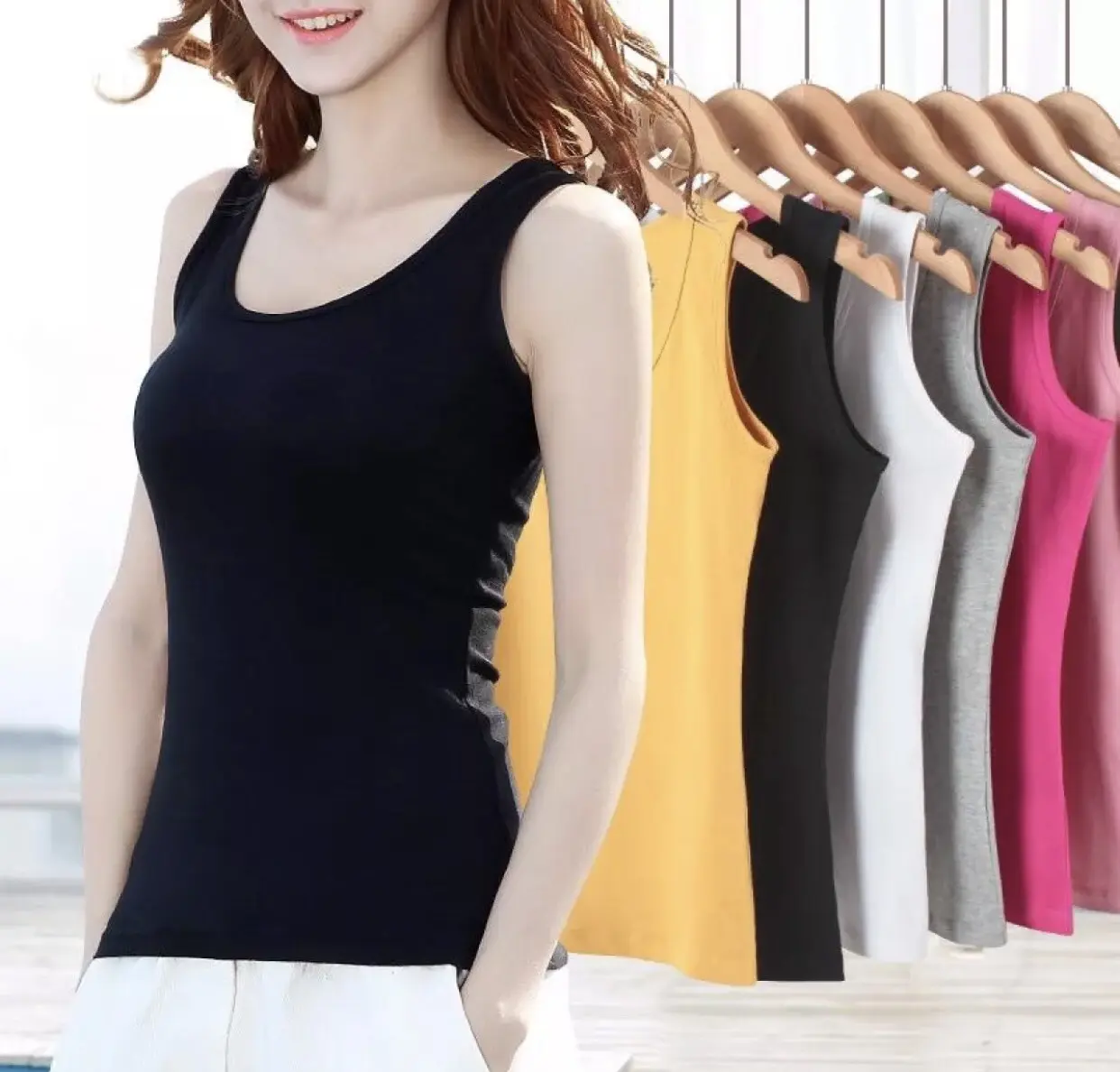 Áo thun nữ sát nách hàng cotton mềm mịn, co giãn mạnh nhiều màu sắc Women Top Màu Đen