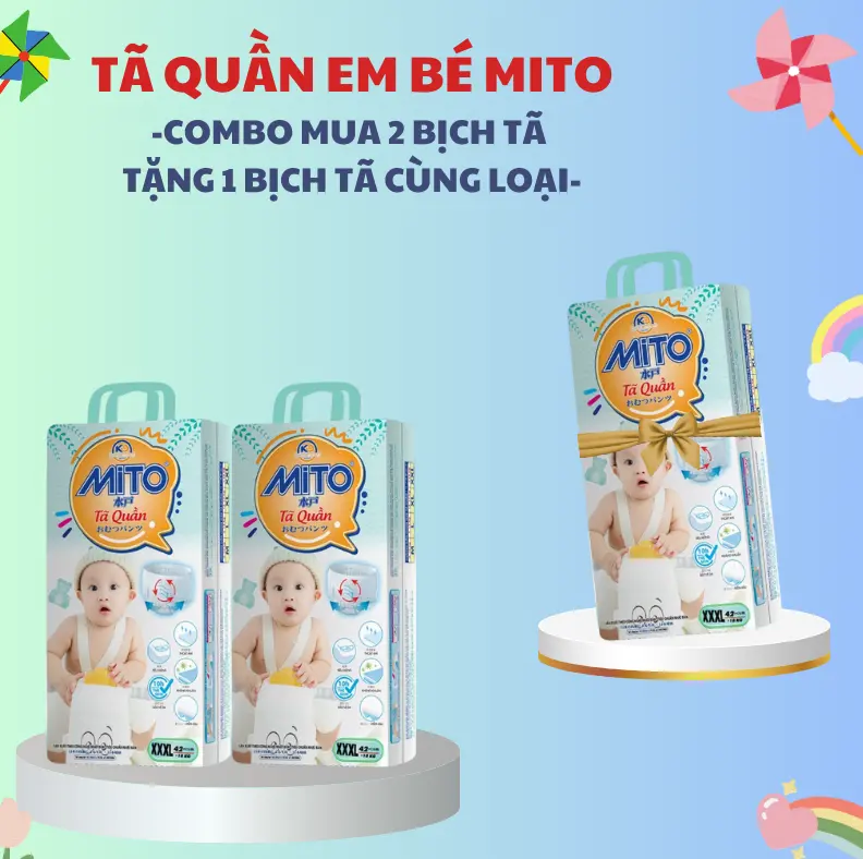 [Mua 2 tặng 1 bịch tã cùng loại] Combo 2 Tã Quần Em Bé MITO Siêu Mỏng Thấm Hút Nhanh Thon Gọn Thoáng Khí Chống Hăm Không Tràn Từ Size M50 đến 4XL40 Cho Bé