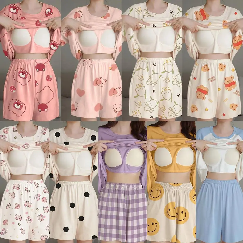 One-piece Pajamas With Chest Pads Women's Summer Short-sleeved Shorts Korean Version Cartoon Cute Sweet Girl Casual Loungewear