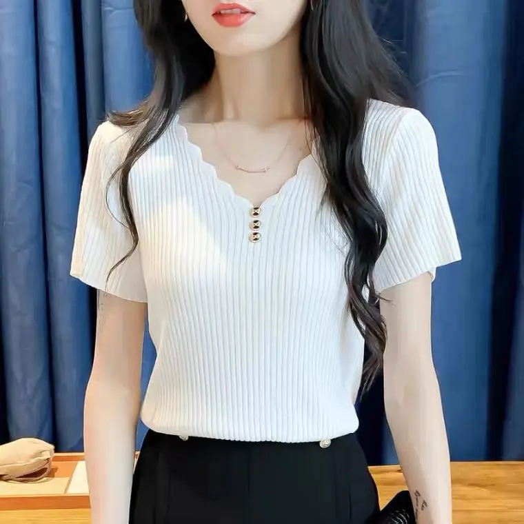 ATASAN RAJUT WANITA (kancing) Baju Rajut turtleneck Wanita Kaos kerah Wanita Lengan pendek 1