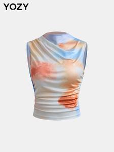 YOZY Tie Dye Print Ruched Tank Top, Casual Sleeveless Round Neck Top, 2024 Women's Summer Outfits for Daily Wear