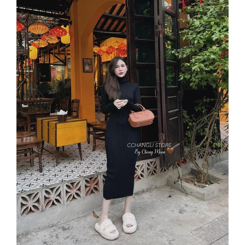 VL874 váy len bầu body cổ lọ,váy len body dáng dài dày dặn