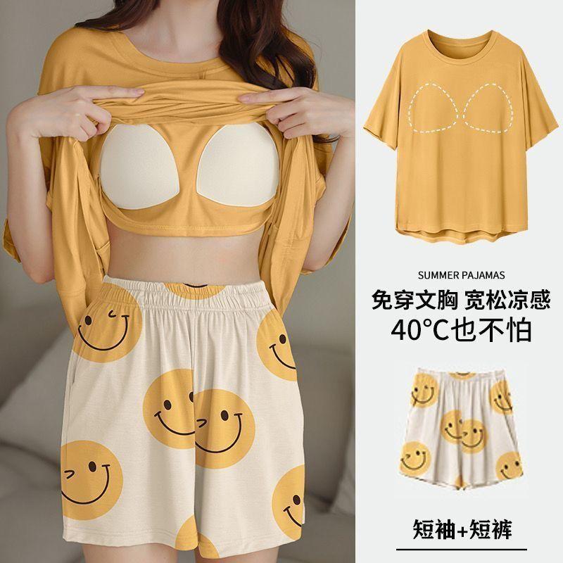 Product Introduction of Pajamas Women's Summer Short Oversleeves Sweet with Chest Pad Korean Cartoon Student Casual Homewear Loose plus Size Summer 23