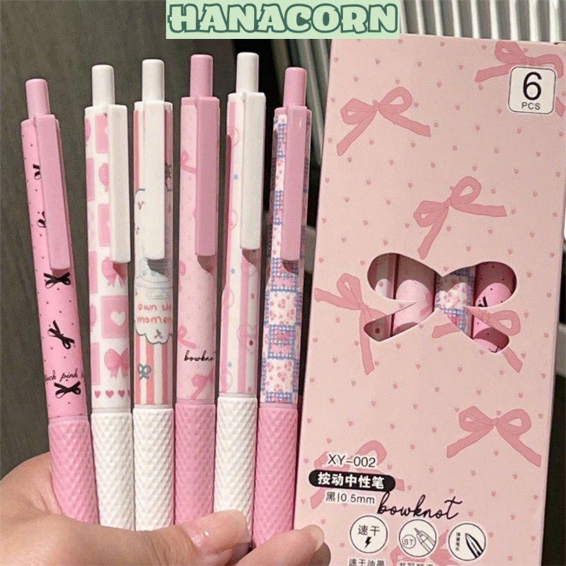 Hộp 6 bút gel mực đen ngòi 0.5mm NƠ HỒNG Cute HANACORN - Sét 6 bút Gel hoạt hình dễ thương