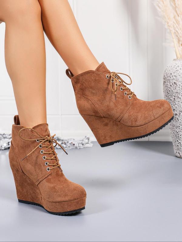 Women's Fashionable Solid Color Lace Up Platform Ankle Boots, Casual Comfortable Wedge Boots for Fall & Winter, Female All-match Trend Shoes for Daily Wear 0
