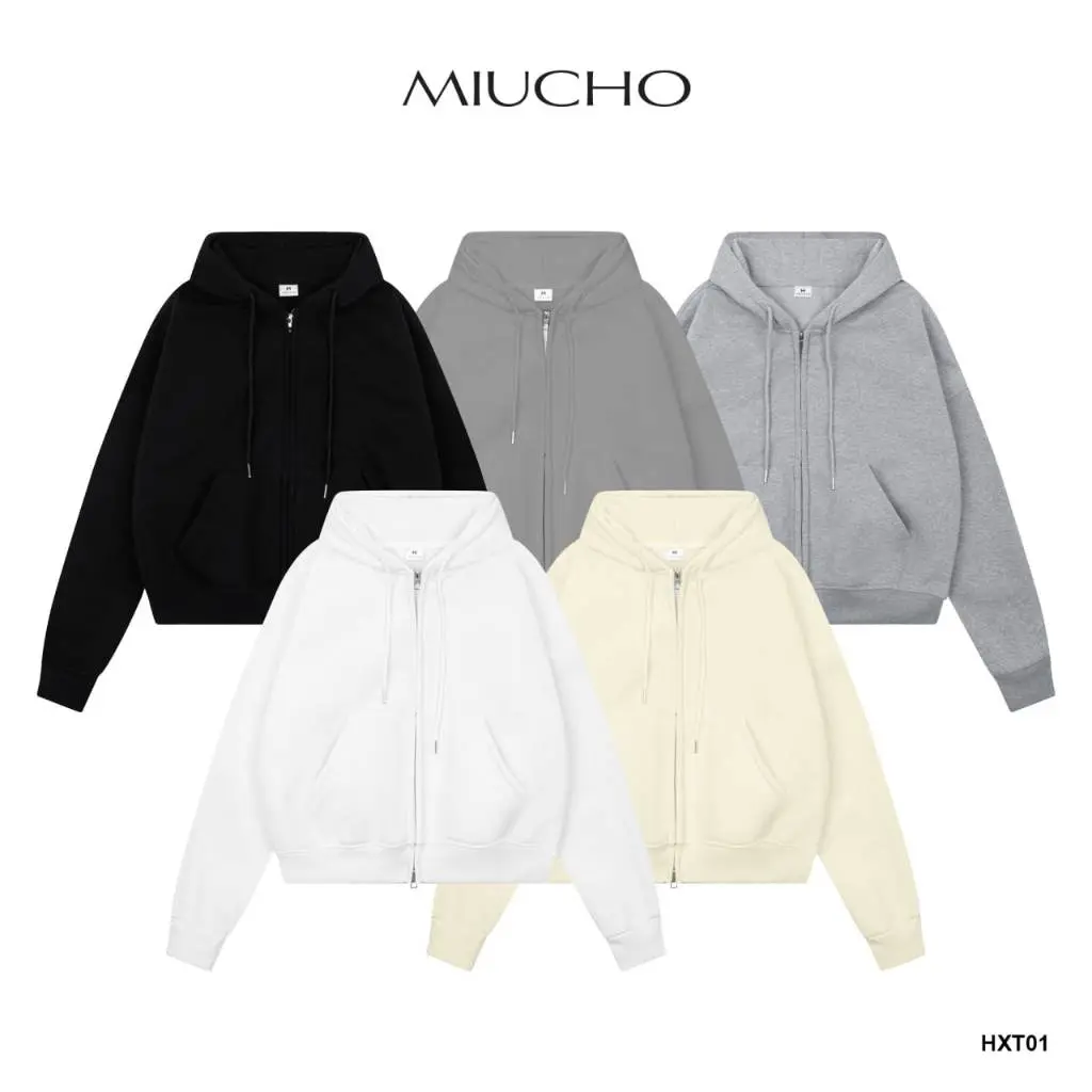 Áo hoodie zip unisex form boxy HXT01 Miucho vải nỉ bông dày dặn khóa kéo Menswear Nam Kem❤️