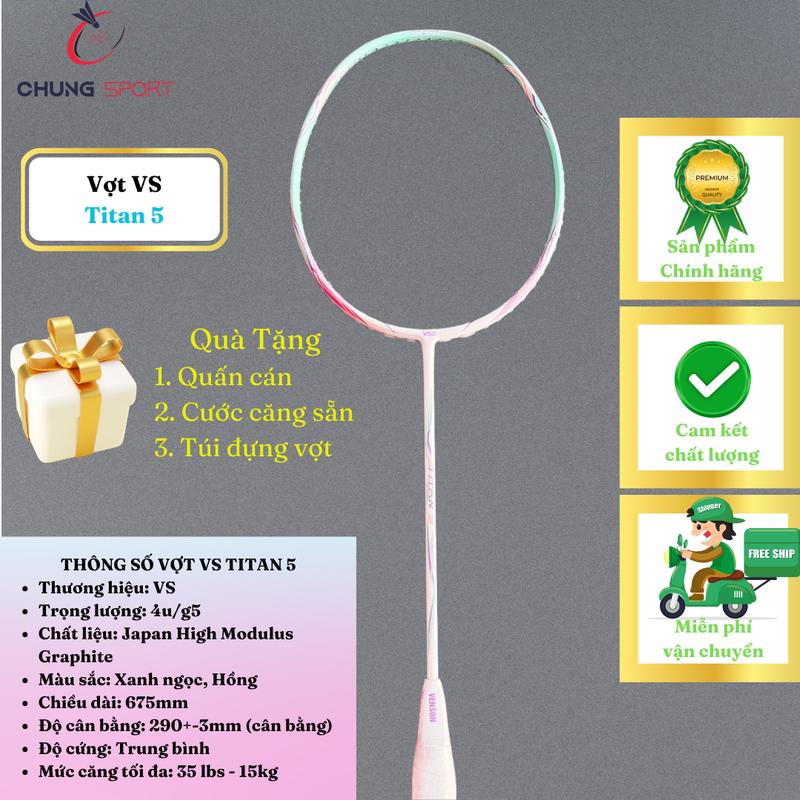 Vợt cầu lông VS Titan 5 xanh trắng hồng chính hãng căng cước sẵn theo yêu cầu có tặng kèm bao vợt và quấn cán Cán Vợt Sport