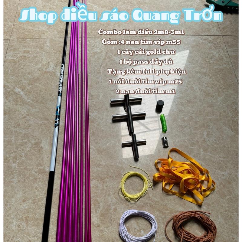 Combo Lên Diều 2m5 - 3m Nan Tím Víp Dày Sợi Cacbon Dẻo Dai Bền Bỉ Đàn Hồi Tốt - Đồ Làm Diều Cacbon Xỏ Áo, Diều Liền