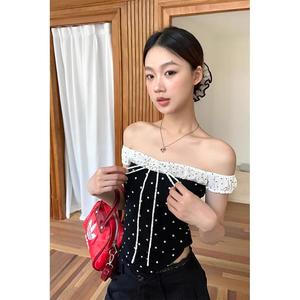 เสื้อยืด ลายจุด เปิดไหล่ แขนสั้น สำหรับผู้หญิง ฤดูร้อน มาใหม่ ไม่ซ้ำใคร เสื้อสั้น สไตล์อินเทรนด์ เหมาะสำหรับสาวฮอต