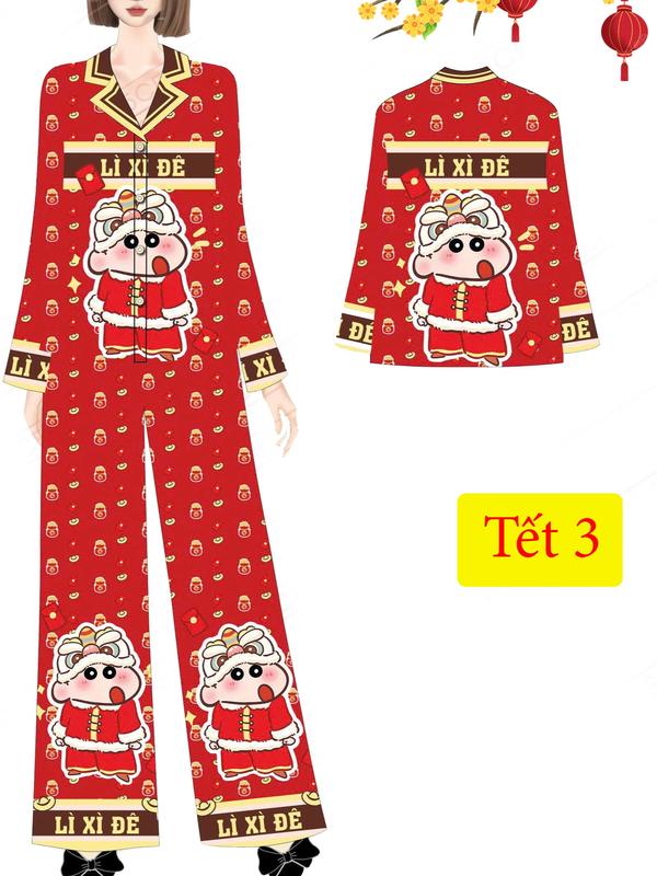 [40-70kg] Đồ bộ pijama tết 2025 ất tỵ mới nhất vải lụa ánh kim mềm mát 4