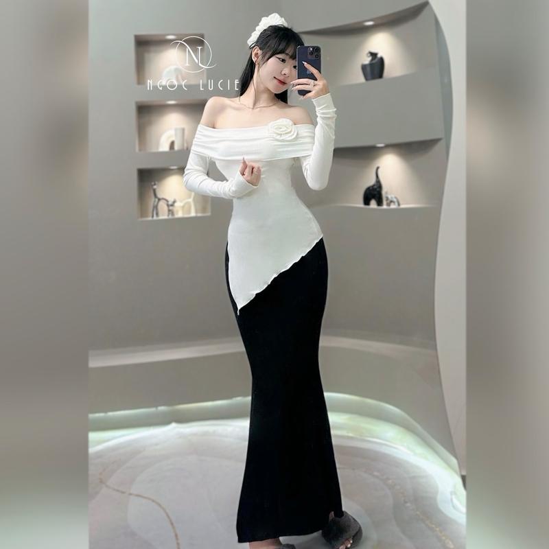 S279 - Set Áo Tay Dài Bẹt Vai Xẻ Tà Đính Hoa + Chân Váy Đuôi Cá - Ngọc Lucie Women Nữ Top