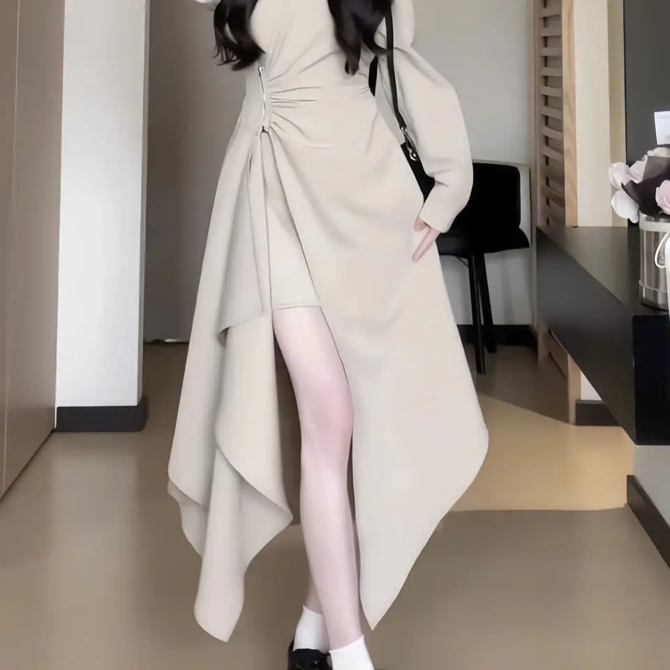 ￼Váy tay dài phong cách Hàn Quốc, Đầm vạt chéo tà xẻ nhún eo cách điệu cho mùa thu đông, váy đi chơi đi biển cực xinh