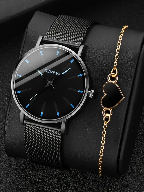 Women's Fashion Round Dial Analog Quartz Watch & Heart Charm Bracelet Set, Fashion Watch Set for Party, Daily Clothing Decor, Trendy All-match & Exquisite Watch Set for Gift without Box 0