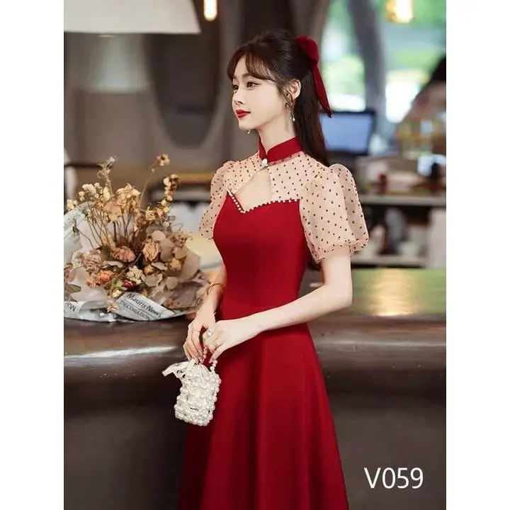 Váy đầm thời trang nữ sang chảnh dự tiệc chất nhung cổ tròn tay ngắn phối voan bi dáng xòe maxi tạo điểm nhấn dễ thương 0