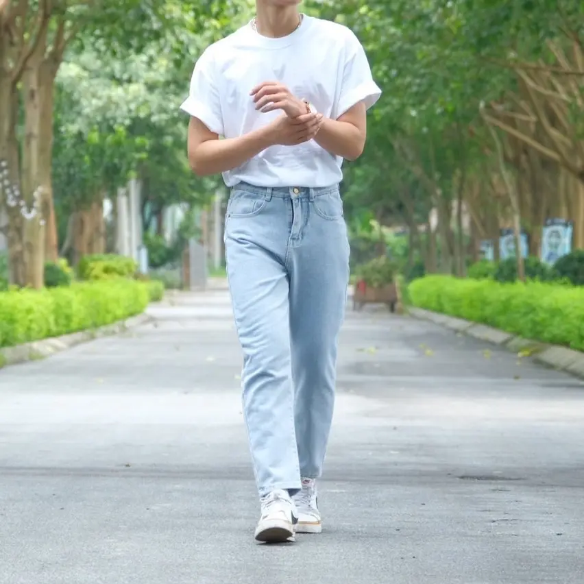 Quần bagyy cạp cao màu xanh nhạt Menswear Nam Jean Pants Có Túi có thể giặt máy thường thông thường có thể giặt máy