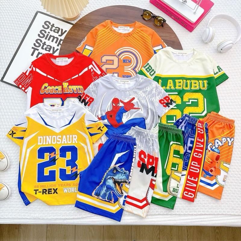   11-42kg  Đồ bộ mặc nhà bé trai thun lạnh thái 3D hoạ tiết đẹp labubu capybara siêu nhân nhện ô tô 