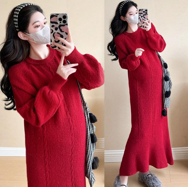 Young Mom | Đầm bầu mùa Đông sang trọng DV239 với 2 màu Đen và Đỏ chất liệu Len dày dặn thiết kế sang trọng hàng Thu Đông ấm áp Thai kỳ Thoải mái Voi Váy Bầu Kem Dài Tay Sandal