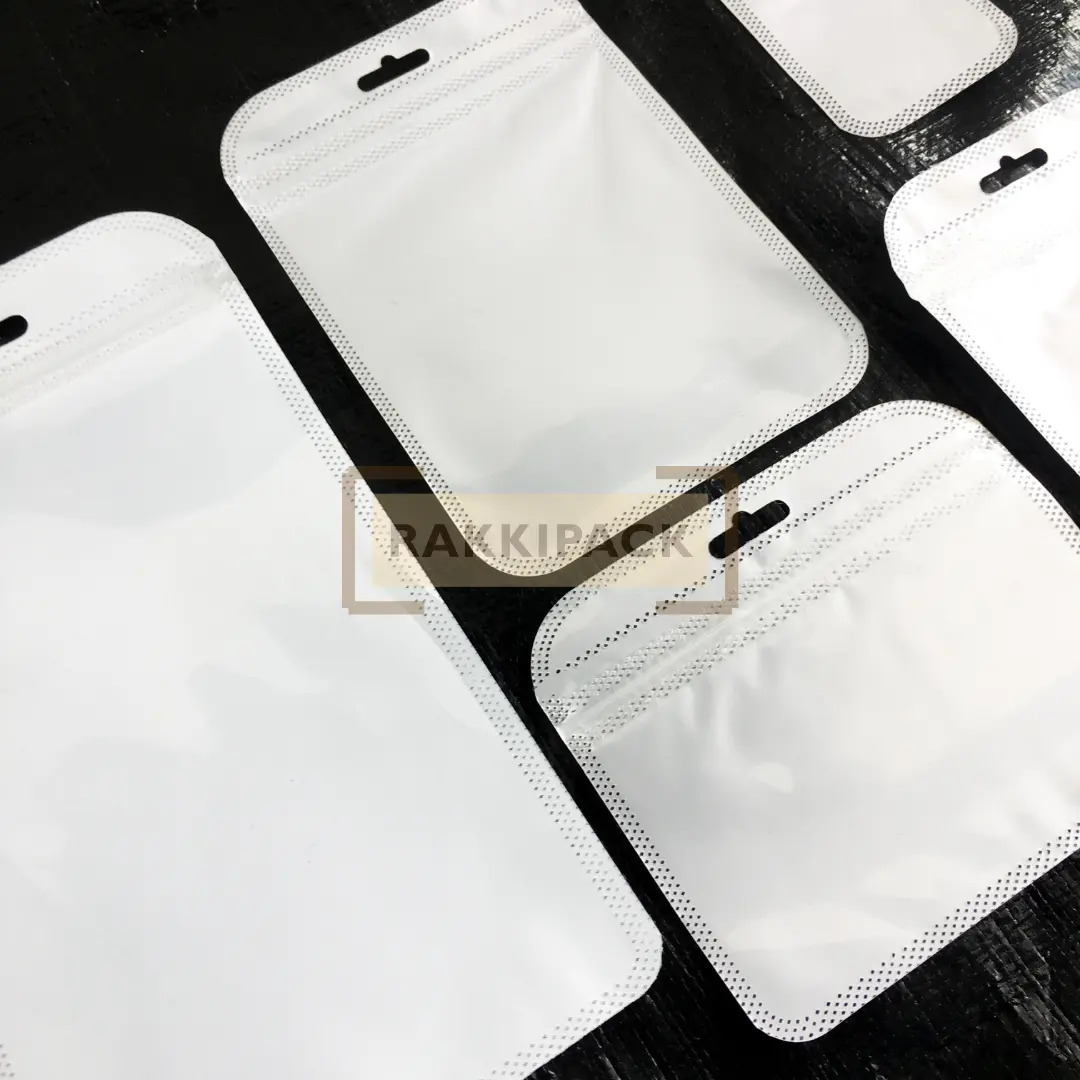 Plastik klip ziplock ujung lengkung putih bungkus casing hp snack aksesoris
