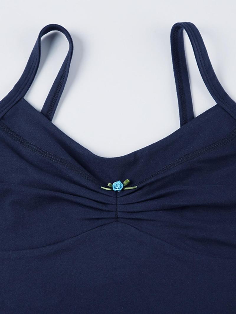 Product Introduction of Women's Plain Ruched Flower Decor Crop Cami Top, Casual Sleeveless Spaghetti Strap Top for Summer, Women's Clothing for Beach Holiday Vacation 6