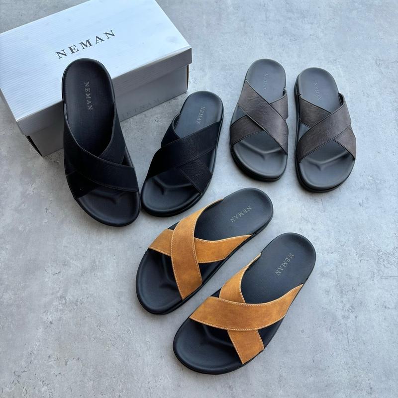 NEMAN Dép Quai Chéo Nam Da Microfiber Cao Cấp Khâu Quai Chắc Chắn Hỗ Trợ Đổi Size MS10 Cao Su Sandal Đế Bằng DéP
