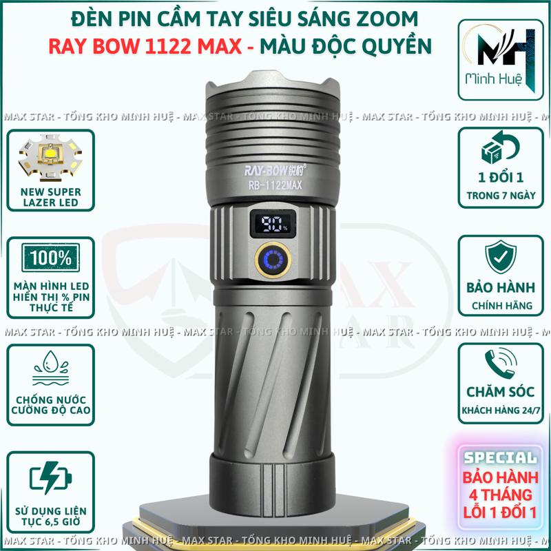 Đèn pin siêu sáng RAY BOW 1122 MAX màu bạc chiếu xa 700 mét có ZOOM sáng xa gần chống nước sạc ngược cho điện thȯại Đèn cầm tay siêu sáng RB 1122 MAX